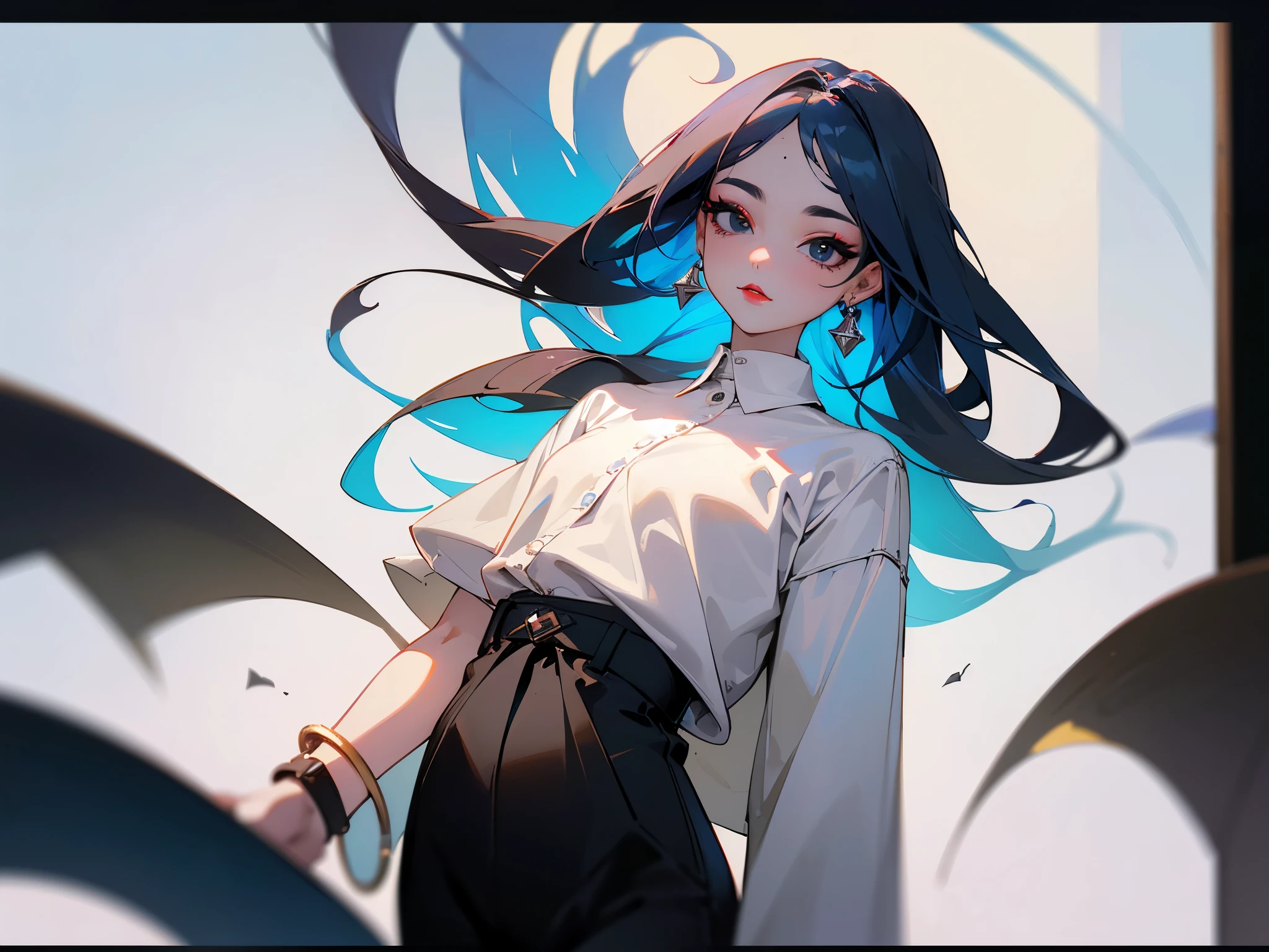top-quality、Top image quality、masterpiece、 girl((White shirt、Long black trousers、18year old、 Ager、Best Bust、big bast,Black eyes, blue hairs、A slender,Large valleys、red lipstick makeup on eyelids、Cute earrings、silver watch、Bring your chest together、Have a digital camera)),hiquality、Beautiful Art、Background with((White space、Photography Studio))masterpiece、depth of fields,Camera Film Style