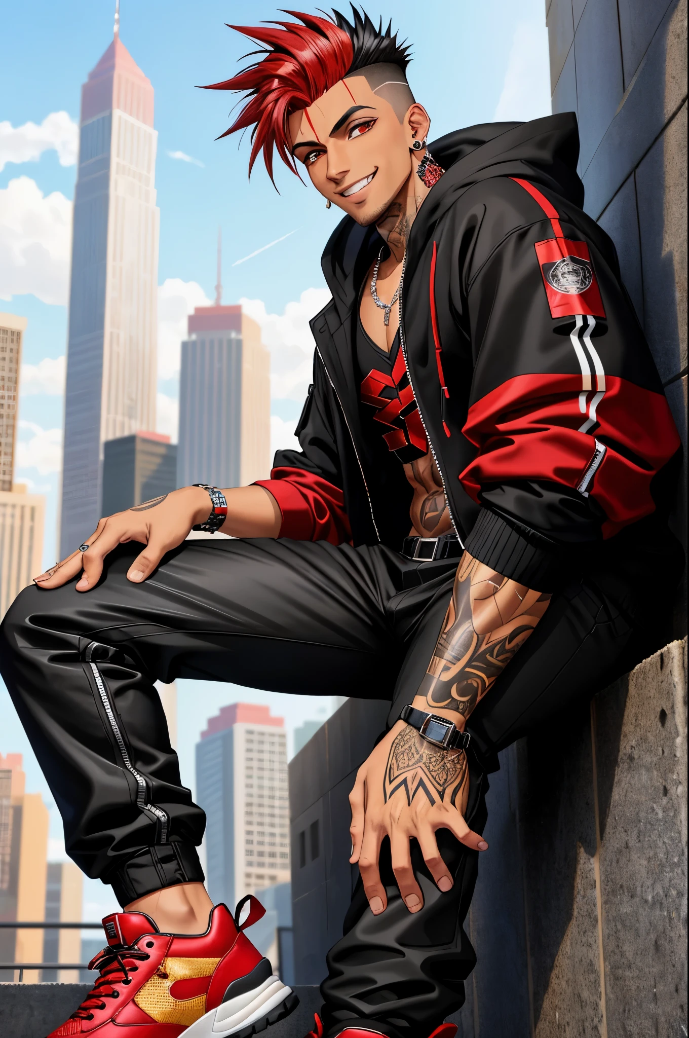 Quality 4k, solo, Male, Human, Black Hair, Full body, (red highlights in hair), (Fauxhawk), (Left eye hazel, Right eye Red), Streetwear, sneakers, hoodie, baggy pants, cyberpunk streetwear, Diamond necklace, Tattoos, Ear Gauges, Relaxing, Smiling, Fangs (Cyberpunk Setting), City Skyline in the background, detailed face, detailed eyes,