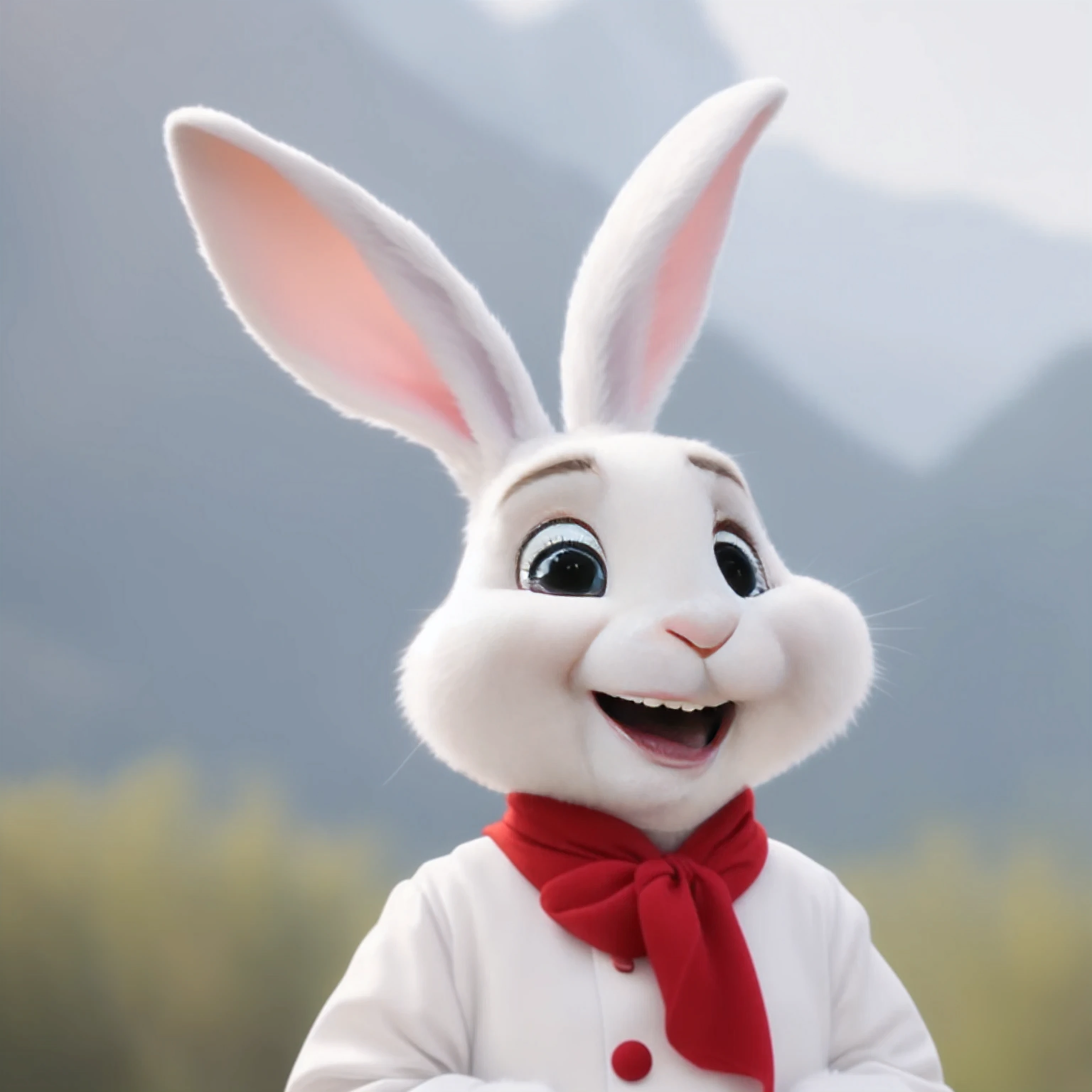 araffe dressed in a rabbit suit with a red scarf, mob_Features, super clear,4K,Aperture f22,anthropomorphic rabbit, cute anthropomorphic rabbit, portrait of a bugs rabbit, white rabbit, bugs rabbit, Judy Hopps, Judy Hopps from zootopia, rabbit, the white rabbit, movie Features, rabbit, rabbit face only, a happy stills
