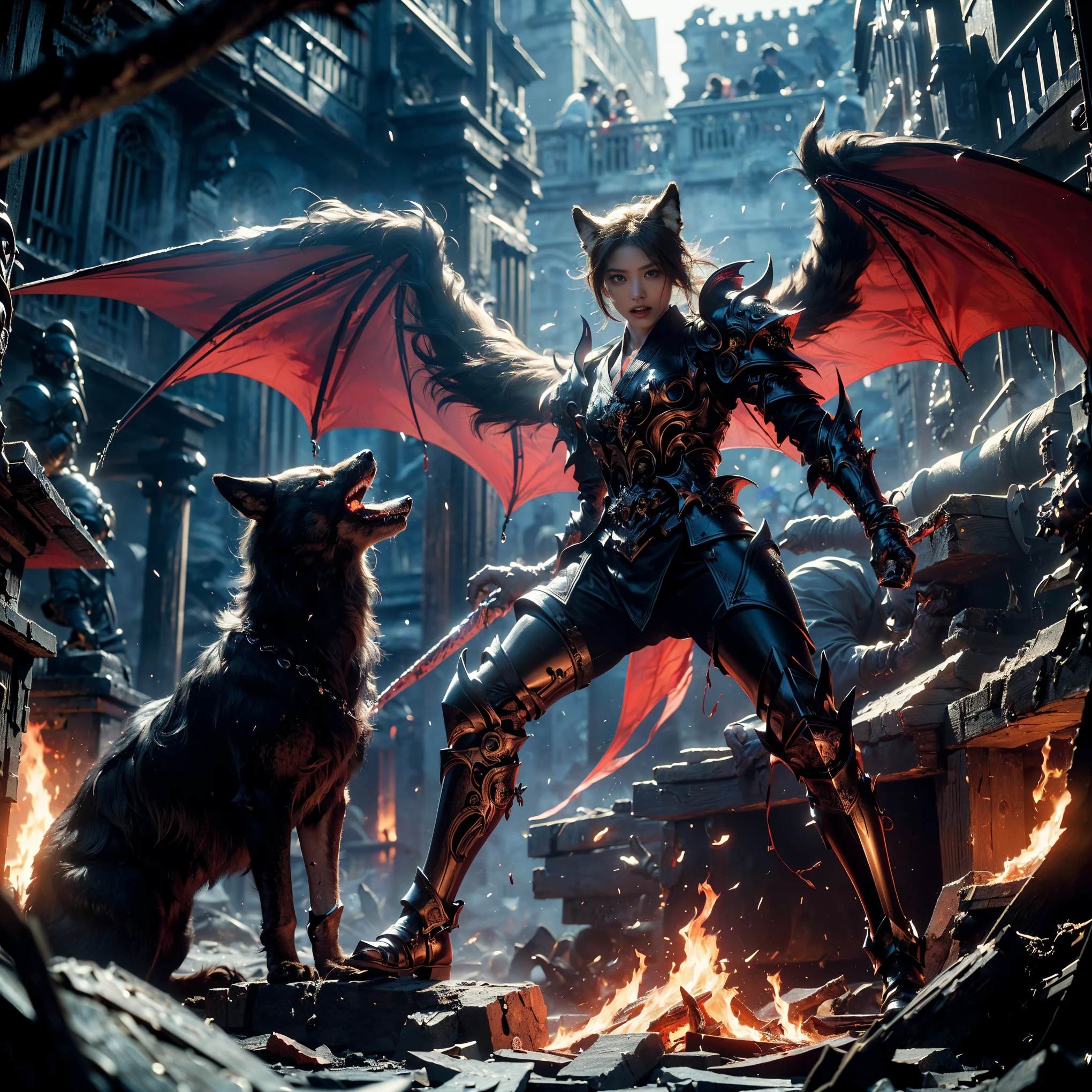 (((Realistic, masterpiece, best quality, crisp detail, high definition, high detail, very rich detail, sharp focus, sharp detail, colorful, rich color, perfect studio lightning))), ((20 years old, beautiful devil, kasumi arimura, evil gothic make up, flying, floating)),(((in the middle of war, epic war scene, attack stance))), wearing (((beautiful decorated black heavy armor, dark dragon armor, decorated full body armor, fully armored beautiful kimono, wide fire diabolos wings))), (flying, holding giant blade, blood scattered face, blood tears, blood bath, blood shed), (((fire everywhere, blood everywhere, death everywhere, japan bakumatsu period, dead bodies,carcass,burned japanese castle, cerberus, three headed wolves, were wolves, hellish,chaos, inferno)) traditional village background, dark atmosphere, bloody night)