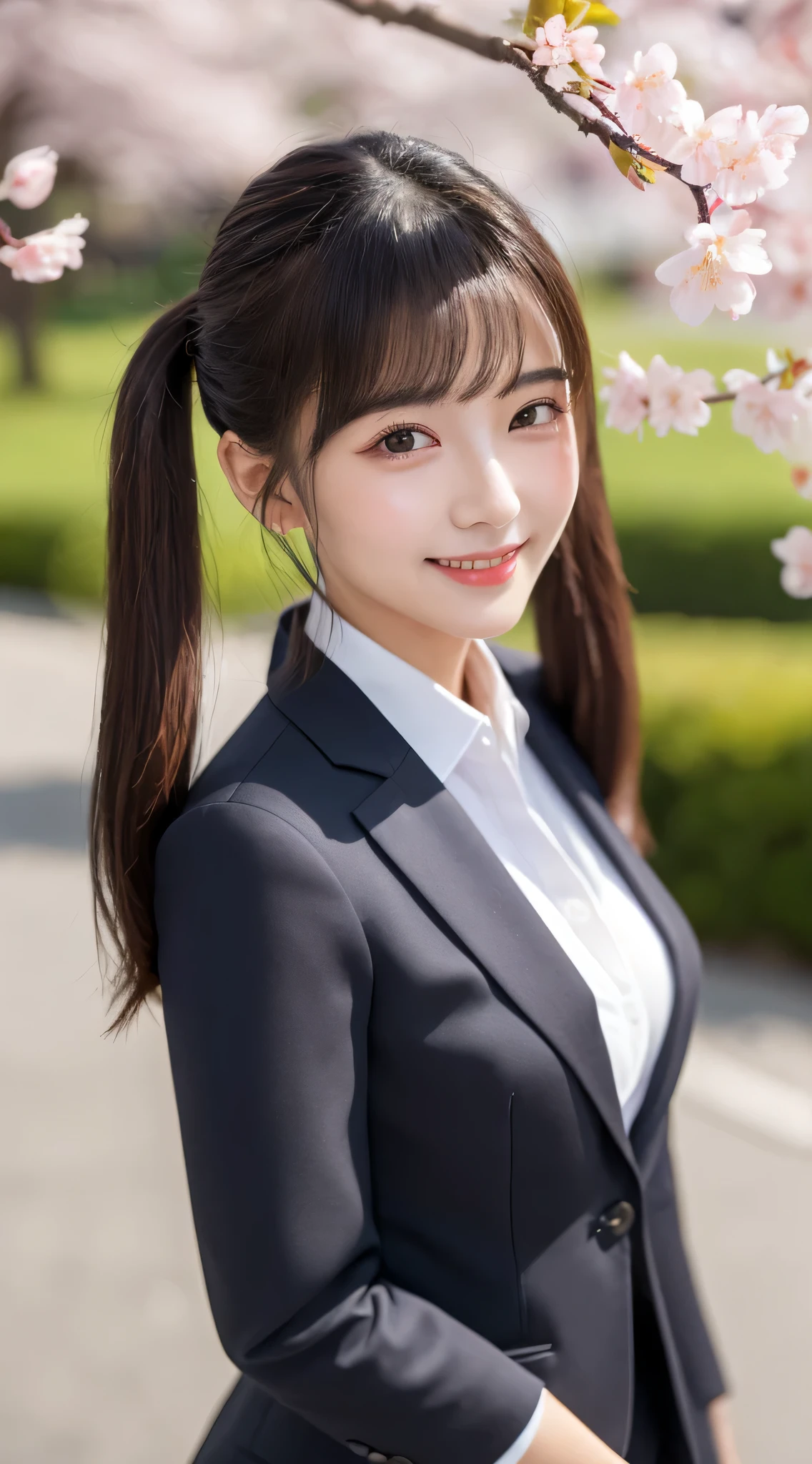 (8K、highest quality、highest quality、masterpiece、ultra high resolution、beautiful woman with perfect figure、emphasize cleavage、carefully crafted face、beautiful fingers、beautiful hands、skin texture),whole body、idol sculpture、((twin tails)、alone、beautiful double eyelids、smile, (black office lady suit、black office lady suit)、(woman)、cherry blossoms、Cherry-blossom viewing、
