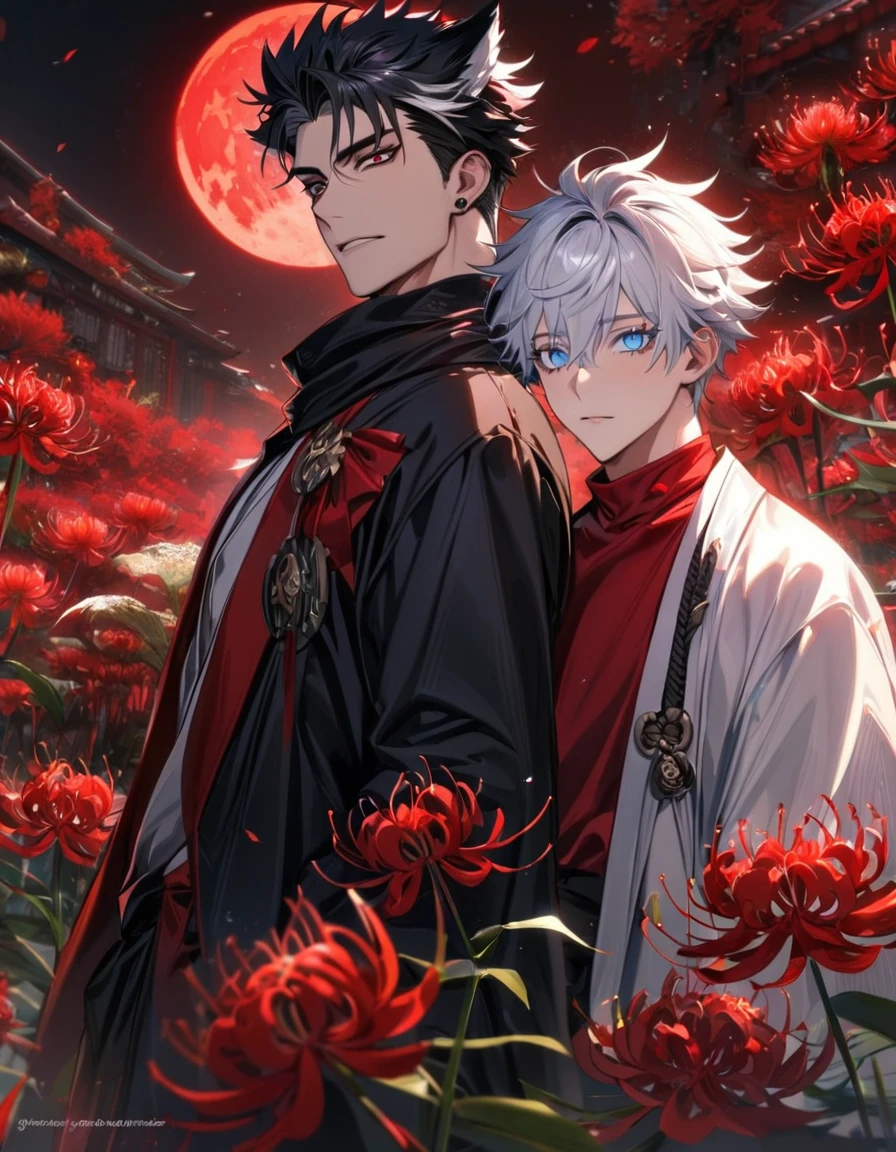 (absurdres, highres, ultra detailed, HDR), master piece, best quality, Gojo Satoru, white hair, with bangs, white eyelashes, vibrant blue eyes, white haori, white scarf, black kimono, Jujutsu Kaisen, Wriothesley, vibrant red eyes, red haori, black robes with accessories, Genshin Impact, 2men together, gay, handsome, red hoodie, vibrant blue eyes, red spider lilies garden, red moon, red butterflies