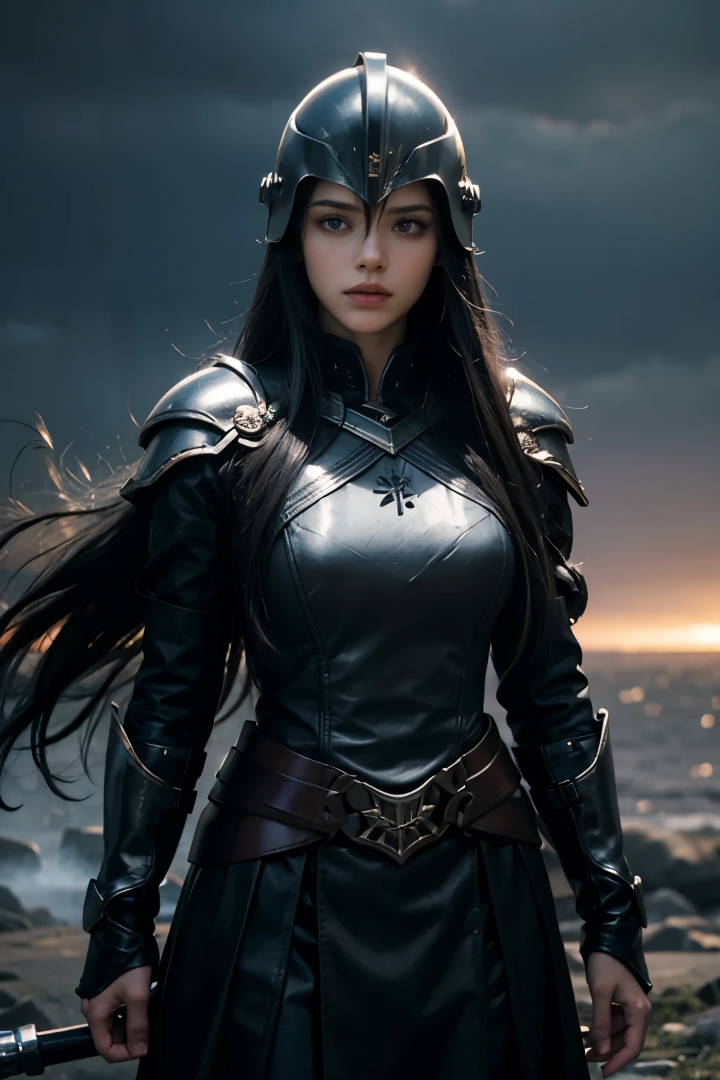 chariot_of_fire_falling_angels_black_wings_dramatic_lights_realistic_valkyrie_profile_helmet_Lagertha face_blood on face_extremely_detailed_Diffused light _ cloud dark background_ hair_straight hair_black hair like Black metal heairs from noruega- Valkyrie_profile_helmet_art diffused on healmet.
