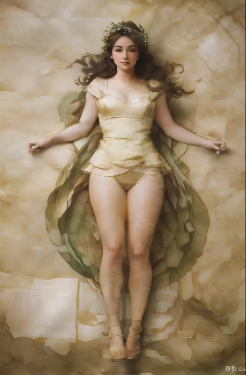 Character sheet, very sexy woman, diagram, design plans, sexy, pretty, beautiful, full body shot, above head floral crown, under foot soft fluffy green grass, sepia tone paper, aged paper, painted on paper, sketched on paper, hyper-realism, 16k resolution,