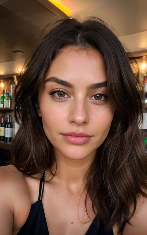 Selfie Beautiful brunette with blonde highlights wearing a beautiful black halter dress (in a bar), highly detailed, 30 years old, innocent face, natural brown wavy hair, brown eyes, high resolution, Masterpiece, Best quality, Intricate high detail, Highly detailed, Sharp focus, Detailed skin, realistic skin texture, texture, detailed eyes, professional, 4k, charming smile, shot on Canon, 85mm, shallow depth of field, Kodak Vision Color, Perfect Fit Body, extremely detailed, photography_\(ultra\), Photorealistic, Realistic, Post-processing, maximum details, roughness, real life, ultra realistic, Photorealism, photography, 8k UHD, photography, busty