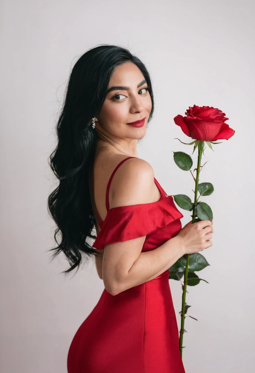 black hair woman in red dress white space holding a rose with the title roses to her in the background 