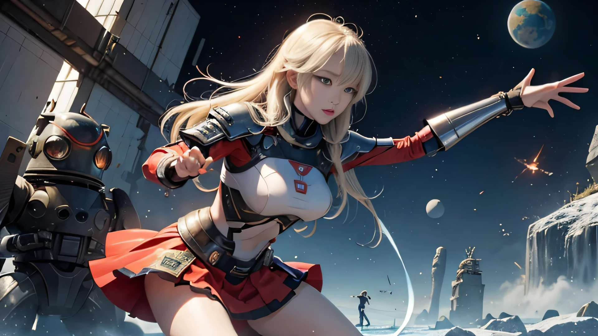 Nao Yazawa, Elsa Besskow, surreal, Mysterious, strange, Fantastic, fantasy, SF, Japanese anime, Tokyo metropolitan area, Beautiful miniskirt girl fighting Martians, Earth Defense Force, Beautiful girl in a tight-fitting armored suit, perfect voluminous body, detailed masterpiece,perfect body,(Lie:1.3)