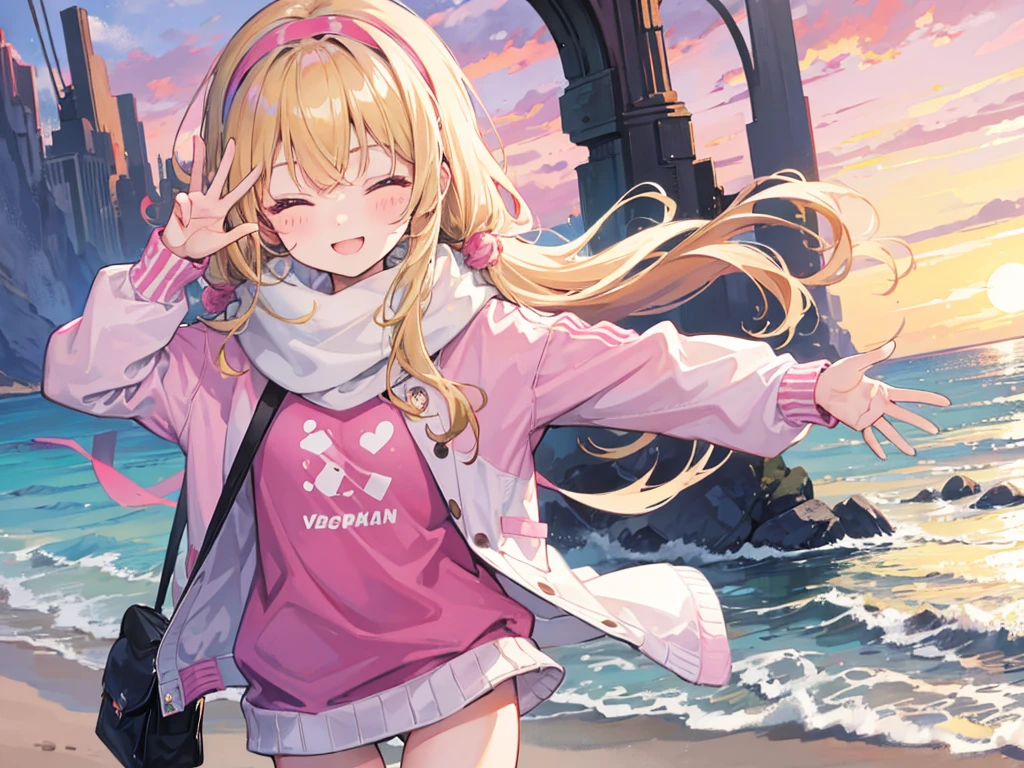 a cute 6 year old church girl from Colorado named Anna, both brownish blonde hair, long wavy hair, pink white sweater, scarf, no pants, wearing a pink hairband, on a jog, on the beach, eyes closed, sunset, slight smile, wristbands, barefoot, joyful, energetic, peace sign, 5 fingers
