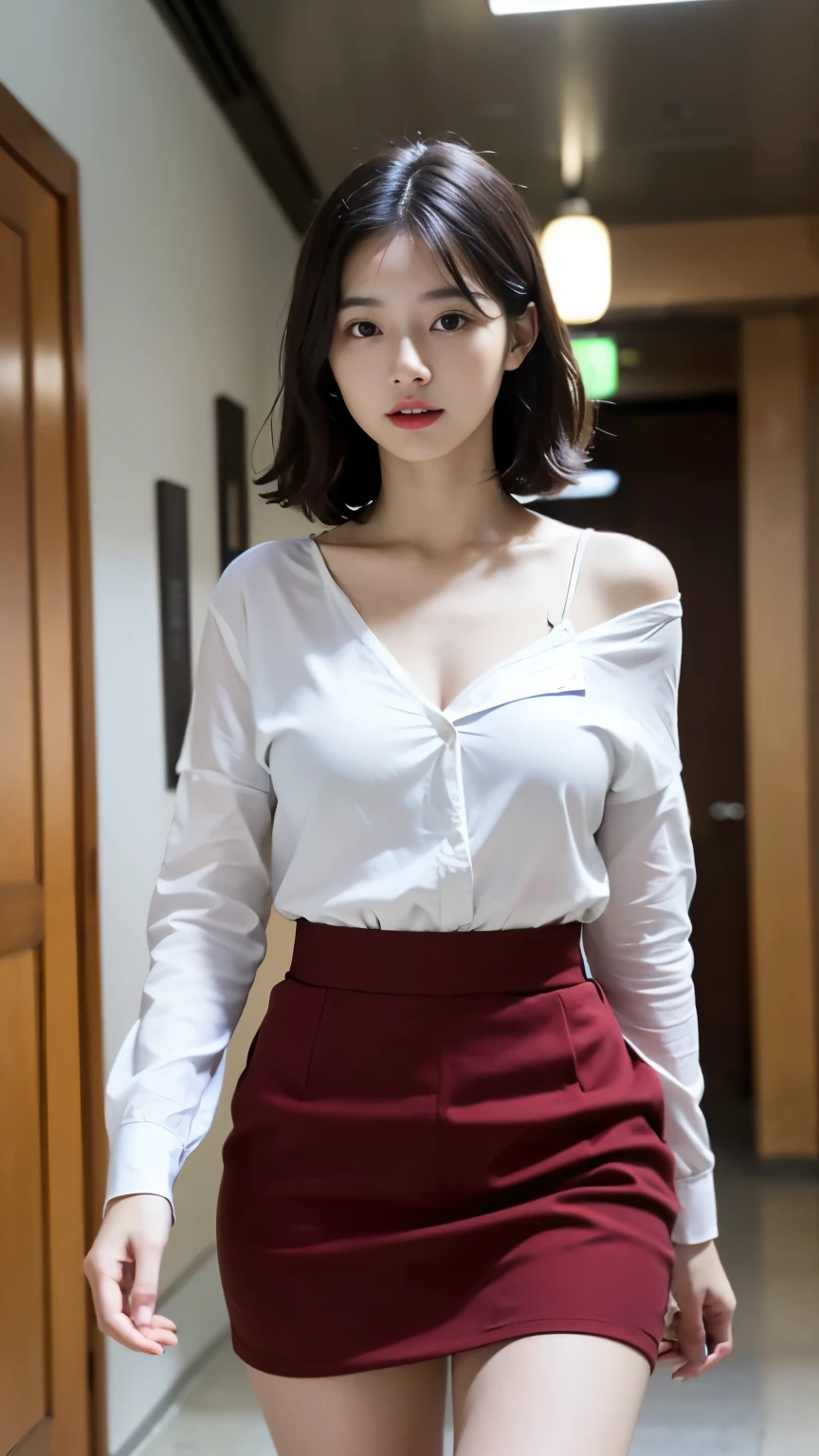 (((best quality, 8 thousand, masterpiece:1.4)), (20 year old woman), masterpiece, distinct, highres, high_quality, wide_shot, small_face, absurdly_short_hair, female, sagging_breasts, balancing, stretching, gentle_face, bare_shoulders, center_opening, downblouse, ((best quality)), ((masterpiece)), (detailed), perfect face, very big breasts, ultra high resolution room, 8k, perfect body, hud, Ergonomic, slim legs, small face, long eyelashes, Sparkling pink lips, eye for detail, clean skin, blemish-free face, korean beauty, 20 year old woman, 1 woman, Sexy pelvis,He walks forward carrying a small luxury bag., (Huge, saggy breasts), red tulip skirt, red simple jacket, white v-neck shirt, neat office office hallway, white tone office, Office Look:1.3, Prada, Her job is CEO, she is an office worker,