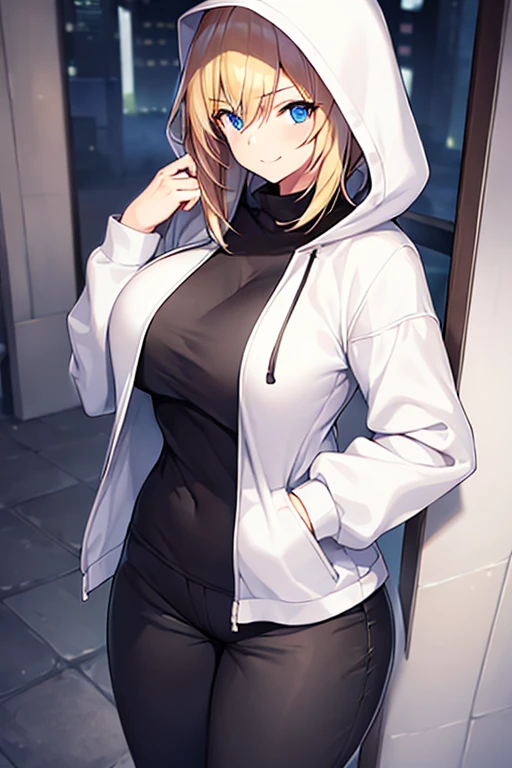 1girl, hood, jacket, hooded jacket, hood on, hood up, blonde hair, large breasts, breasts, wide hips, thick thighs, hourglass figure, white jacket, black shirt, shirt, very short hair, pants, black pants, smile, toned, toned female, urban, mature female, tall, tall female, arm down, hands down, arms down, hand down, cropped jacket, short jacket
