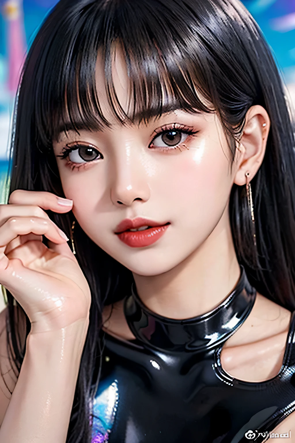 (((NSFW))), born, 1 girl, colorful, (masterpiece, highest quality), cowboy shot, (fine skin:1.3, detailed face:1.3), Digital single-lens reflex camera, realistic, wave hands, looking at the viewer, sharp focus, delicate, (korean beauty, korean mixed:1.2), (Glossy skin + shiny skin:1.4), (sweaty:1.1), (big breasts:1.2, thick thighs:1.1, narrow :1.1), (black_hair, lupong hair, straight hair:1.3), (big_eye, Brown_eye), red_eyehadow, lupong_eyelash, red lips, eye_笑face, stud earrings, (holographic iridescent metallic black latex swimsuit:1.4), beach, Day, (Day light_upon_frupont_face:1.3),