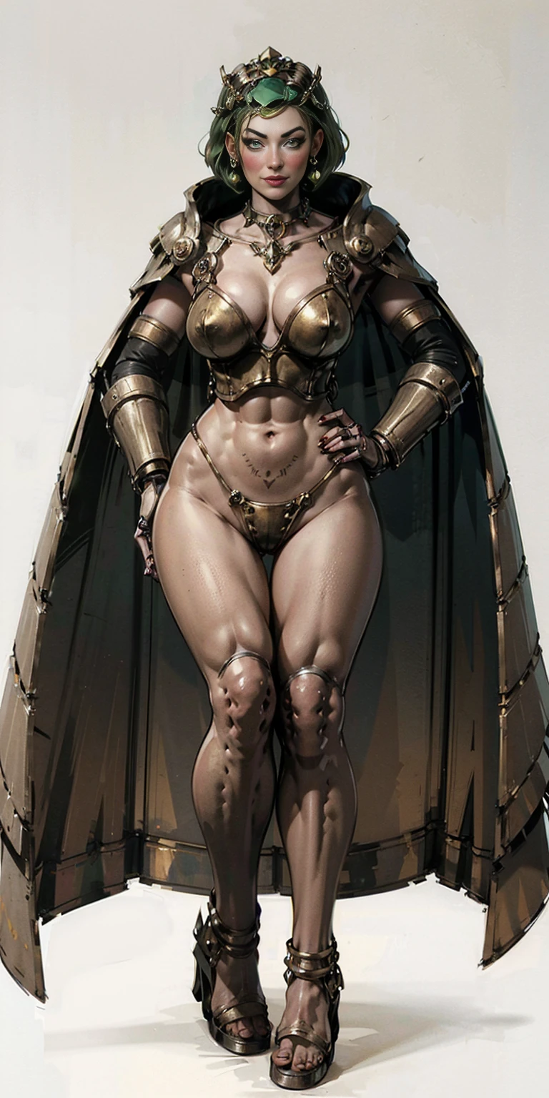 ((white background)) full body female MILF BIMBO, Two long thighs, yellow eyes, green hair, short hair, large breasts, detached sleeves, royal tiara, long cape, yellow tiger bikini, high heels, hands on hips. red tattoo on belly navel, lustful smirking smile face (red blush), metal shoulders, golden bracers sleeveless, black choker sex slave