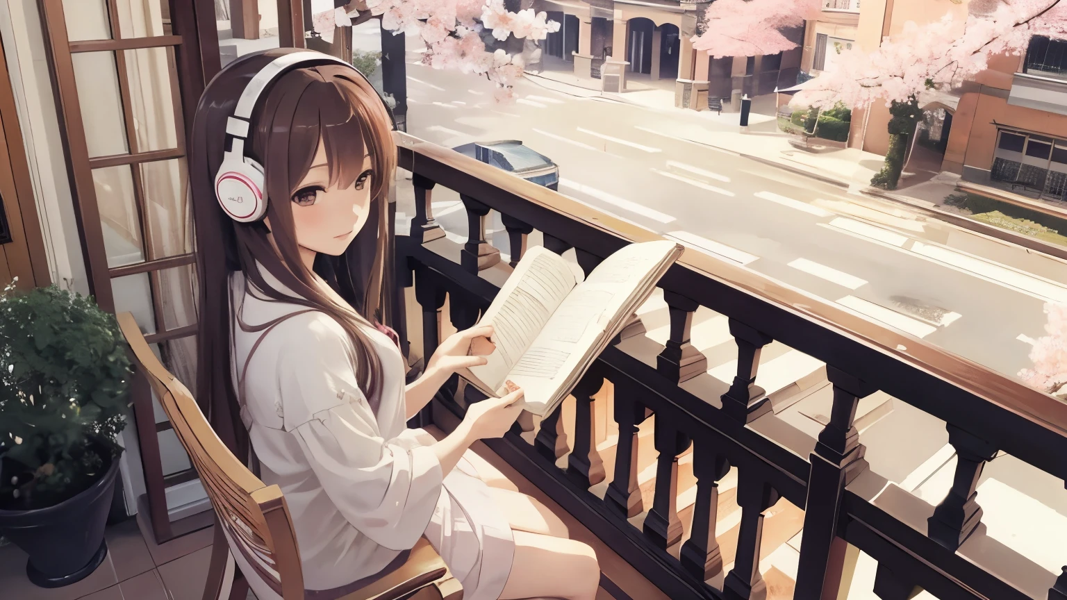 masterpiece, highest quality, balcony,Sakura dancing,woman,long hair,reading,headphone,sit on a chair,nostalgic