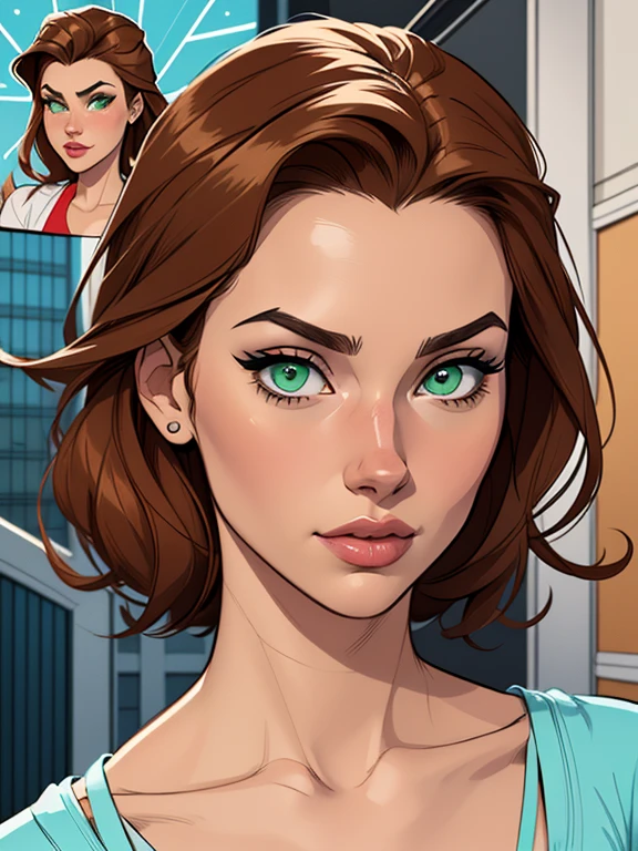 Turnaround sheet Imagem de desenho animado de uma mulher .cartoon style illustration, estilo de arte dos desenhos animados, estilo de arte dos desenhos animados, digital illustration style, design de personagens altamente detalhado, arte digital detalhada fofa, City fan art, Design de personagens de retrato, beautiful digital illustration, retrato de alta qualidade, Arte em quadrinhos, mulher jovem. Green eyes Medium busty and wonderful vandinha Adams 