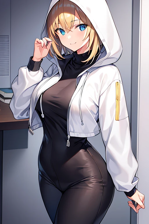 1girl, hood, jacket, hooded jacket, hood on, hood up, blonde hair, large breasts, breasts, wide hips, thick thighs, hourglass figure, white jacket, black shirt, shirt, very short hair, pants, black pants, smile, toned, toned female, urban, mature female, tall, tall female, arm down, hands down, arms down, hand down, cropped jacket, ((cropped jacket))
