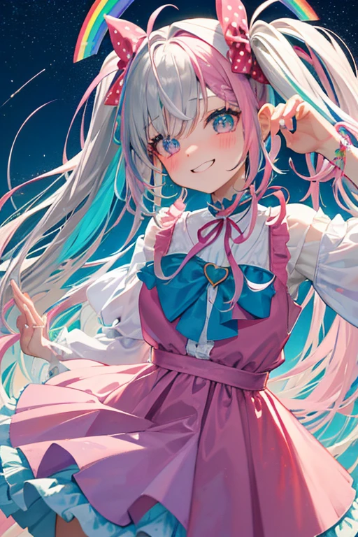 (rainbow colored hair, colorful hair, half silver、half pink hair: 1.2), ,long hair、(Cinematic digital artwork: 1.3), high quality, table top, Turquoise eyes、最high qualityの, Super detailed, figure, [4K digital art]!!、 Kyoto animation style, one woman, clavicleの美しさ, clavicle, light, want, , positive, Dead leaves dance、（Ocean、sandy beach）、full moon、On a tree-lined street、taking a walk、((red、trendy clothes))、（（Scarlet、Polka dot unset, motivation, shine, dynamic perspective、Blue glasses、Green ribbon、twin tails、embarrassed face、cute face、happy face