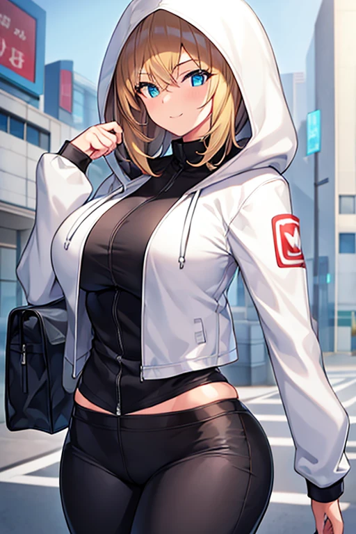 1girl, hood, jacket, hooded jacket, hood on, hood up, blonde hair, large breasts, breasts, wide hips, thick thighs, hourglass figure, white jacket, black shirt, shirt, very short hair, pants, black pants, smile, toned, toned female, urban, mature female, tall, tall female, arm down, hands down, arms down, hand down, cropped jacket