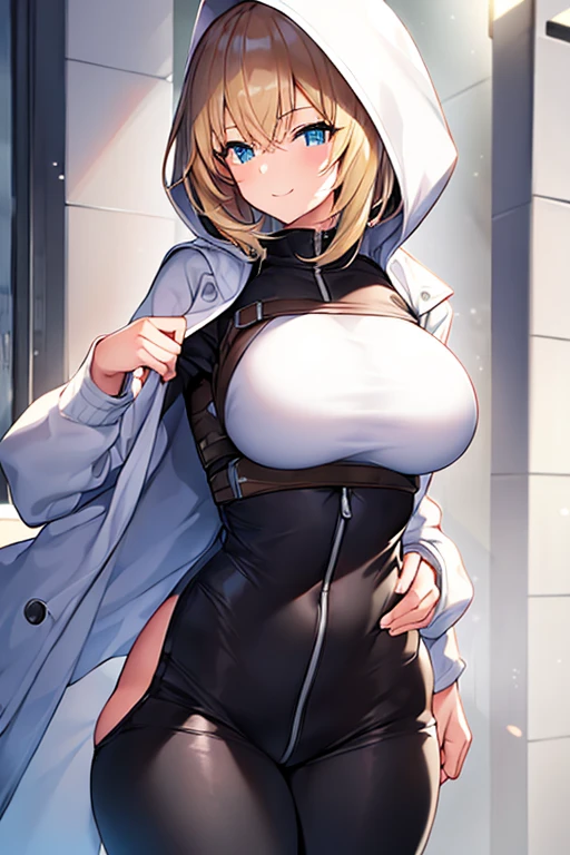 1girl, hood, jacket, hooded jacket, hood on, hood up, blonde hair, large breasts, breasts, wide hips, thick thighs, hourglass figure, white jacket, black shirt, shirt, very short hair, pants, black pants, smile, toned, toned female, urban, mature female, tall, tall female, arm down, hands down, arms down, hand down, cropped jacket
