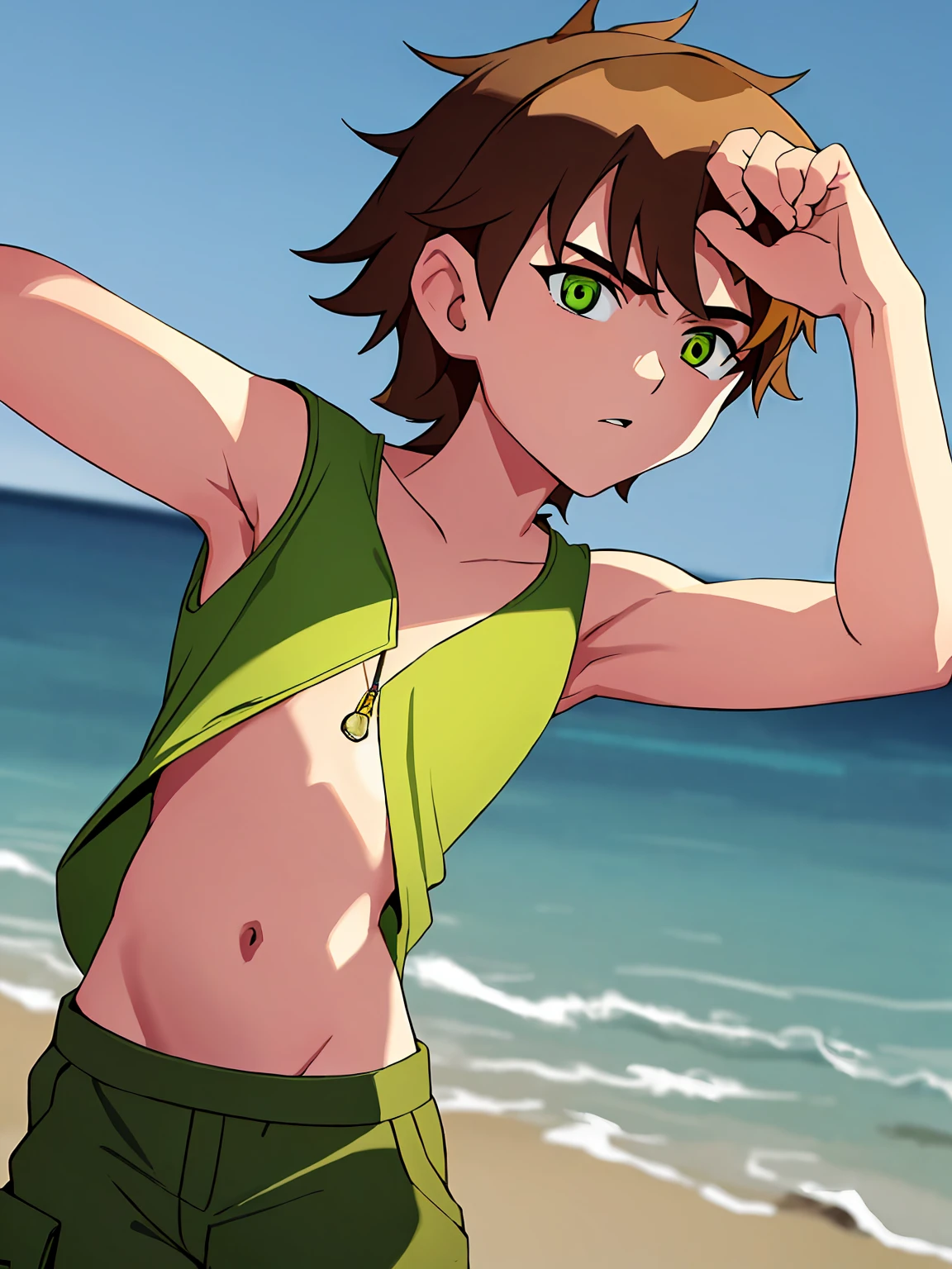 Highres, Masterpiece, Best quality at best,Best Quality, 1boy, bentennyson, green eyes, cargo pants, tank top, close-up the body, upper body, the day, summer