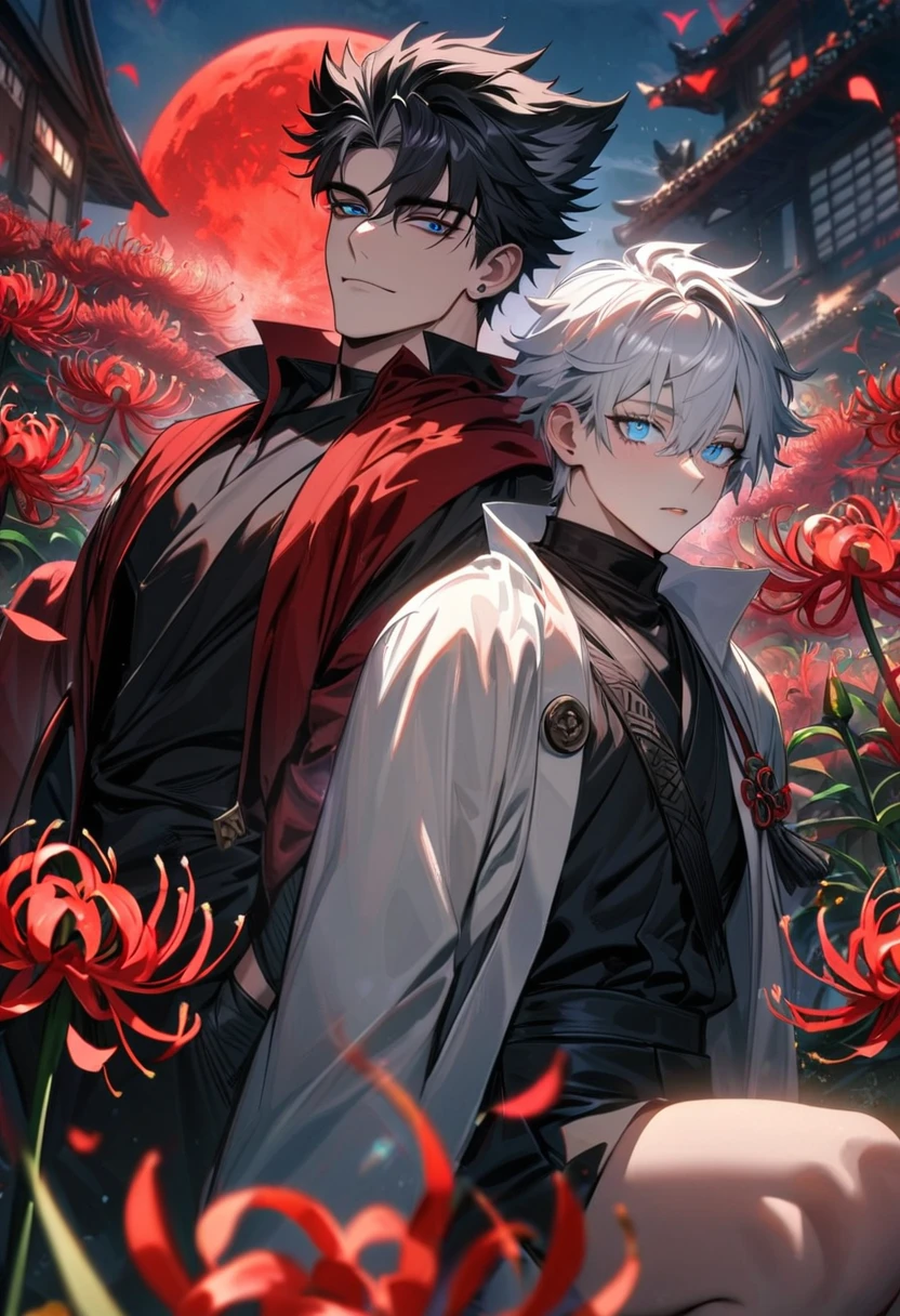 (absurdres, highres, ultra detailed, HDR), master piece, best quality, Gojo Satoru, white hair, with bangs, white eyelashes, vibrant blue eyes, white haori, white scarf, black kimono, Jujutsu Kaisen, Wriothesley, black hair, hair between the eyes, vibrant blue eyes, red haori, black robes with accessories, Genshin Impact, 2men together, gay, handsome, red hoodie, red spider lilies garden, red moon, red butterflies
