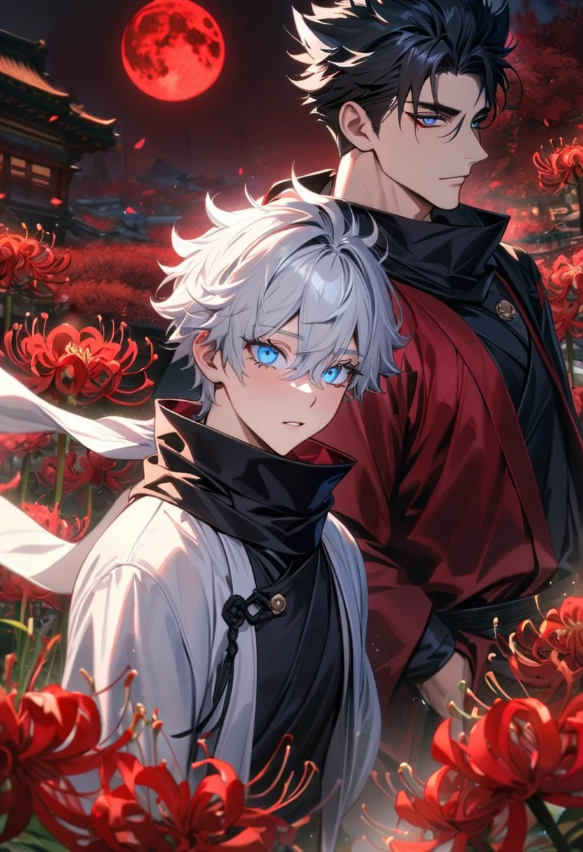(absurdres, highres, ultra detailed, HDR), master piece, best quality, Gojo Satoru, white hair, with bangs, white eyelashes, vibrant blue eyes, white haori, white scarf, black kimono, Jujutsu Kaisen, Wriothesley, black hair, hair between the eyes, vibrant blue eyes, red haori, black robes with accessories, Genshin Impact, 2men together, gay, handsome, red hoodie, red spider lilies garden, red moon, red butterflies