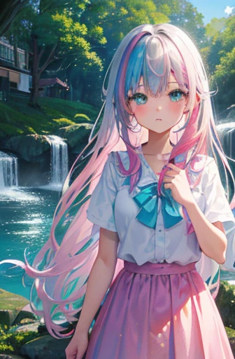 (rainbow colored hair, colorful hair, half silver、half pink hair: 1.2), ,long hair、(Cinematic digital artwork: 1.3), high quality, table top, Turquoise eyes、最high qualityの, Super detailed, figure, [4K digital art]!!、 Kyoto animation style, one woman, clavicleの美しさ, clavicle, light, want, blue sky, positive, Dead leaves dance、full moon、（****、floral clothes、polka dot skirt）、(waterfall) outdoor, sacred place, splash, rock, waterfallに飛び込む、(waterfall sparkle in the sunlight), Detailed back, motivation, shine, dynamic perspective、Blue glasses、Green ribbon