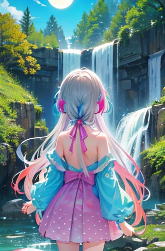 (rainbow colored hair, colorful hair, half silver、half pink hair: 1.2), ,long hair、(Cinematic digital artwork: 1.3), high quality, table top, Turquoise eyes、最high qualityの, Super detailed, figure, [4K digital art]!!、 Kyoto animation style, one woman, clavicleの美しさ, clavicle, light, want, blue sky, positive, Dead leaves dance、full moon、（****、floral clothes、polka dot skirt）、(waterfall) outdoor, sacred place, splash, rock, waterfallに飛び込む、(waterfall sparkle in the sunlight), Detailed back, motivation, shine, dynamic perspective、Blue glasses、Green ribbon