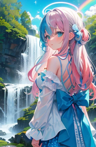 (rainbow colored hair, colorful hair, half silver、half pink hair: 1.2), ,long hair、(Cinematic digital artwork: 1.3), high quality, table top, Turquoise eyes、最high qualityの, Super detailed, figure, [4K digital art]!!、 Kyoto animation style, one woman, clavicleの美しさ, clavicle, light, want, blue sky, positive, Dead leaves dance、full moon、（****、floral clothes、polka dot skirt）、(waterfall) outdoor, sacred place, splash, rock, waterfallに飛び込む、(waterfall sparkle in the sunlight), Detailed back, motivation, shine, dynamic perspective、Blue glasses、Green ribbon