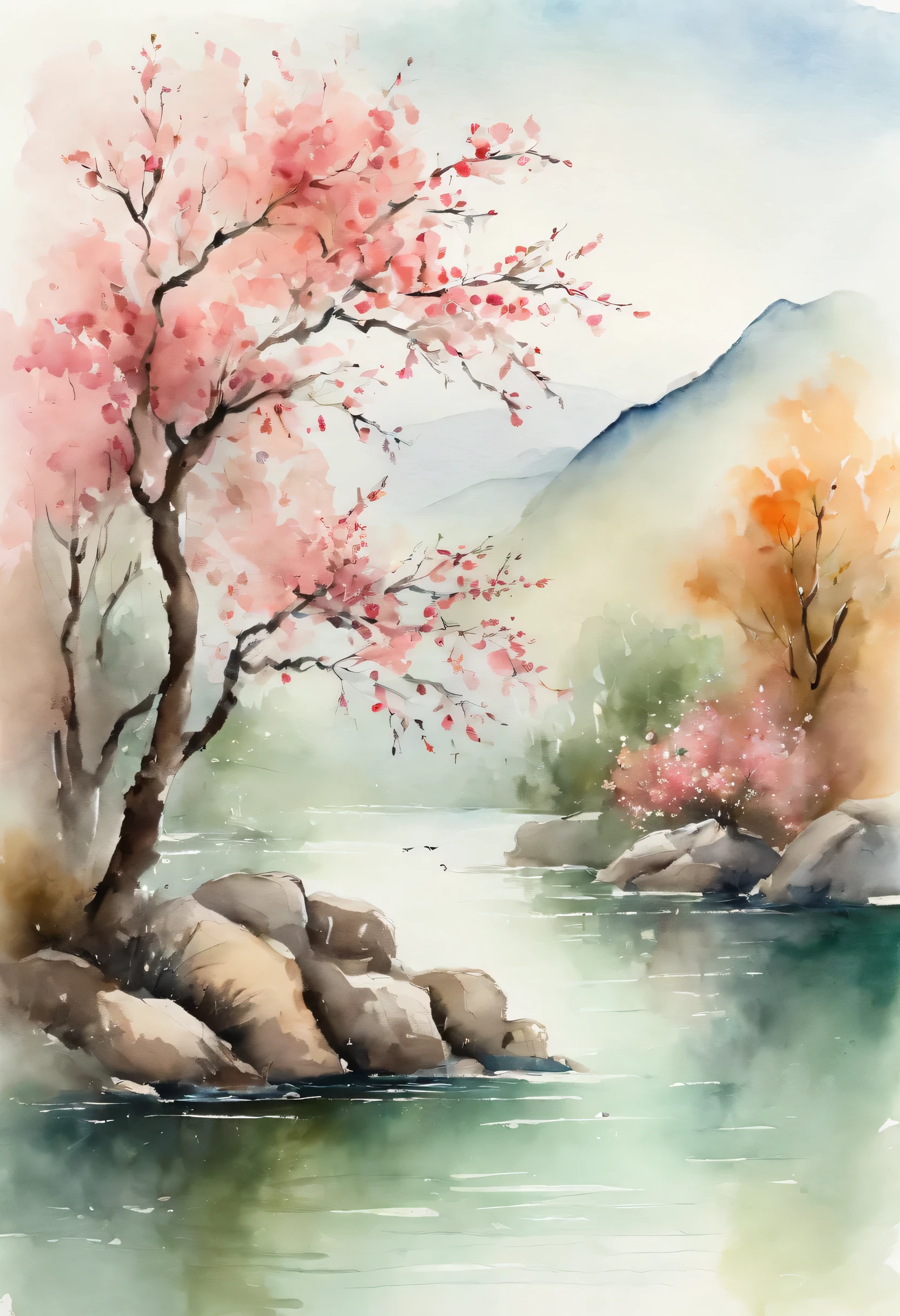 Ancient China, serene scene with lake, peaceful, spring, peach blossom, willow trees on lakeside, mint-color background, fresh air, early morning, chinese watercolor style