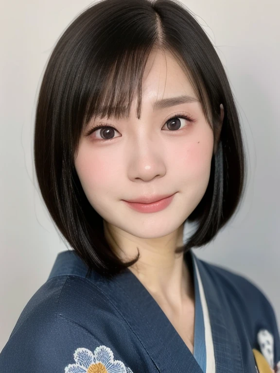 (kawaii 24 year-old Japanese girl, Nogizaka idol, Korean idol), (glossy black hair, medium bob cut:1.3), (extra rounded face, forehead, single eyelid, no makeup, soft smiling:1.2), (wearing light blue concept Kimono, Japanese traditional cloth, beautiful floral patterned:1.3), well shaped extra small breasts, (looking at viewer:1.2), BREAK, (simple white background:1.2), (portrait, id photo, view from straight forward:1.3), BREAK, (masterpiece, best quality, photo realistic, official art:1.4), (UHD, 8K quality wallpaper, high resolution, raw photo, film grain:1.2), (shiny skin), professional lighting, physically based rendering, award winning, (perfect anatomy, highly detailed skin, extremely detailed face and eyes, well drawn clear pupils), Carl Zeiss 85 mm F/1.4, depth of field, 1girl, solo,