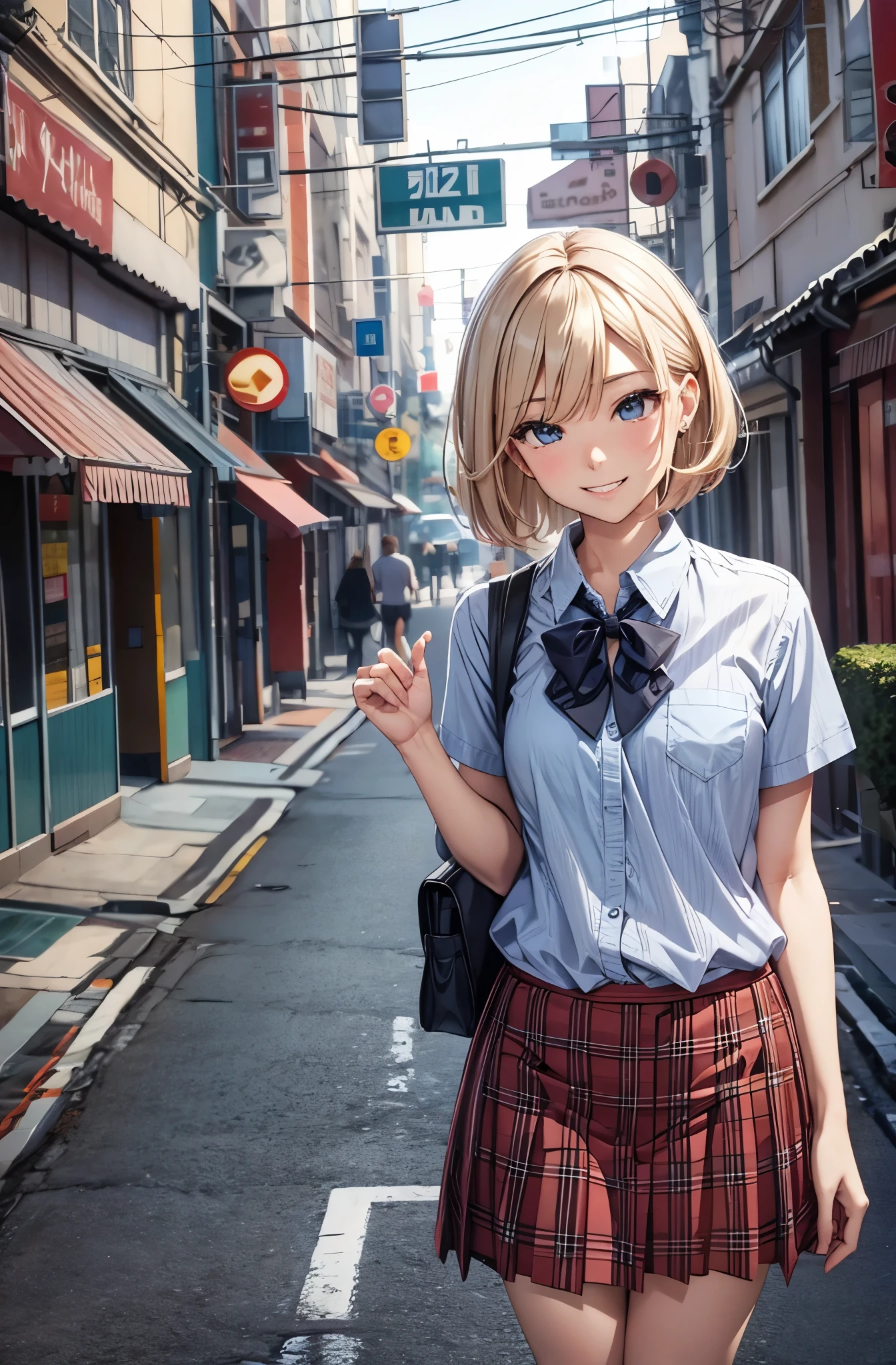 one girl,18 years old girl,gyaru,slender body,short blonde hair,grin,high ,blouse,ribbon,skirt,loose socks,loafers