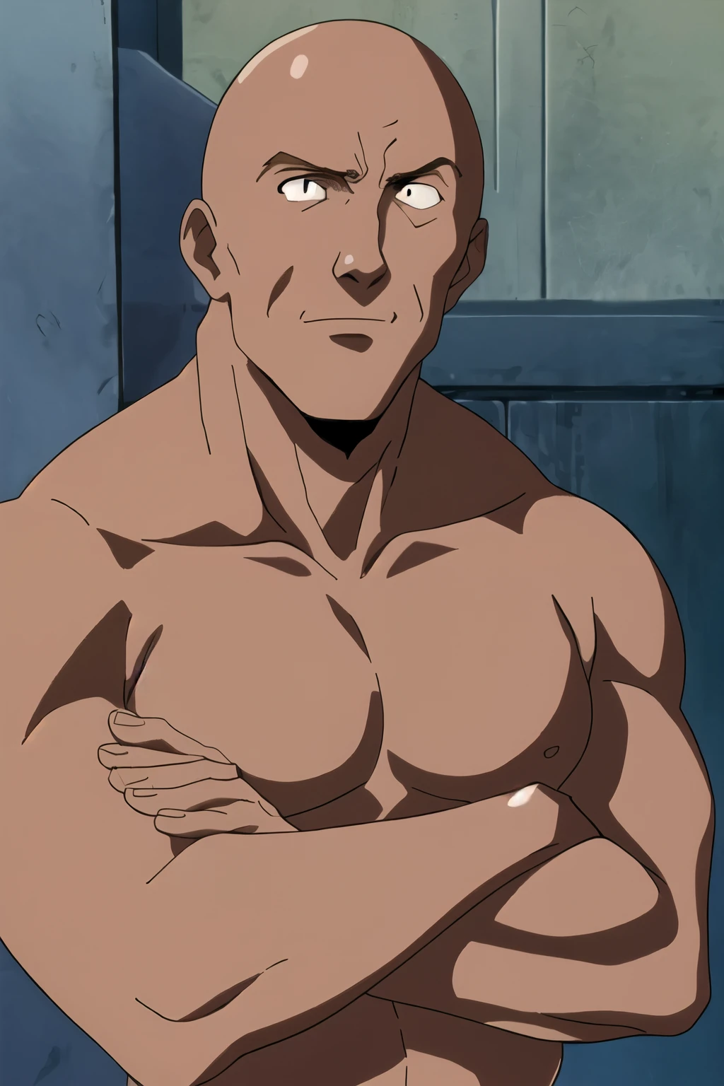 anime style, masterpiece, best quality, 1boy,, upper body, bald, smirk th3r0ck, RocksEyebrowRaise, raised eyebrow, thick eyebrows,, anime screencap, 1990s_\(style\),evangelion anime style,solo, tan skin
