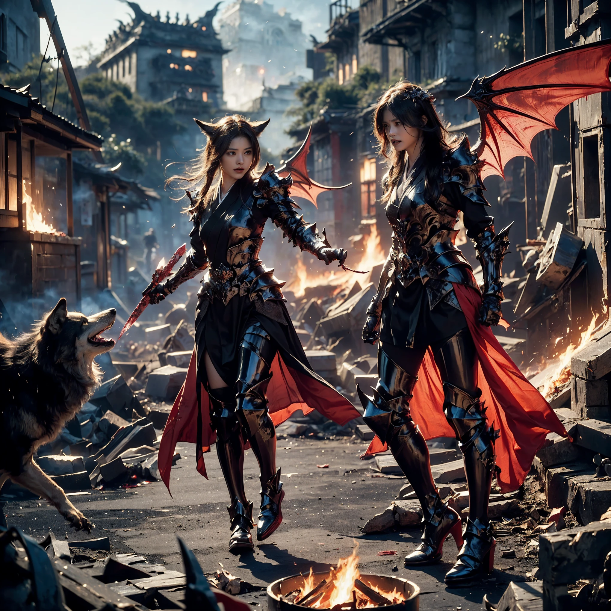 (((Realistic, masterpiece, best quality, crisp detail, high definition, high detail, very rich detail, sharp focus, sharp detail, colorful, rich color, perfect studio lightning))), ((20 years old, beautiful devil, kasumi arimura, evil gothic make up, flying, floating)),(((in the middle of war, epic war scene, attack stance))), wearing (((beautiful decorated black heavy armor, dark dragon armor, decorated full body armor, fully armored beautiful kimono, wide fire diabolos wings))), (flying, holding giant blade, blood scattered face, blood tears, blood bath, blood shed), (((fire everywhere, blood everywhere, death everywhere, japan bakumatsu period, dead bodies,carcass,burned japanese castle, cerberus, three headed wolves, were wolves, hellish,chaos, inferno)) traditional village background, dark atmosphere, bloody night)