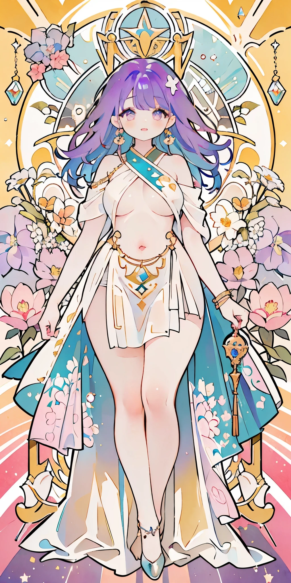 (((purple hair))), Mr.々hairstyle, sword士, absurdres, highres, ultra detailed, beautiful, masterpiece, best quality, (1girl:1.2), Medieval, ((tarot)), bard, dancer, bare bare shoulders, cane, sword, shield, crystal, Gather Dresses, coat four, ((Lightweight clothes, Backless cloths, hair chain, earrings, sunscreen, pumps, heel shoes, waist jewelry, belly chain, body accessories)), symbolism, Visual art, occult, universal, vision casting, philosophy, iconography, numerology, Popularity, art, Alphonse Mucha, perfect hands, perfect feet, (fullbody), myth, goddess, fold your hands in front of your chest, ((ultra-detailed face), (cute eyes), ((thicc)), Hair color gradient, accurate focus, (upturned eyes :1.5), long hair, yellow eyes, Beautiful Girls in Anime , ((purse your lips, Throw kiss, flirty smile)), (shiny body:1.8)、big breasts、full of embarrassment、(Ahegao:1.5)