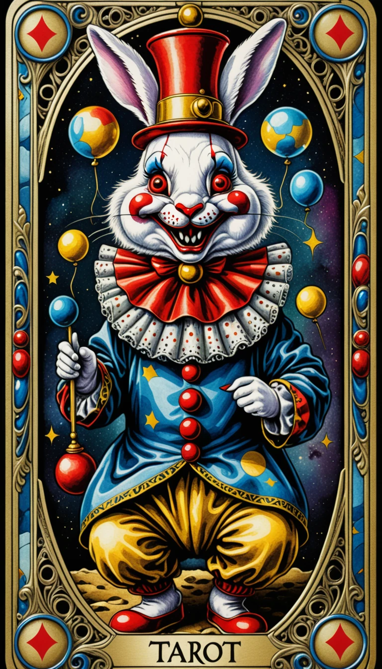 intricate detail of tarot card, text say "RABBIDEVIL",  depicted image of clown rabbit cute but horror, imagination of evil and good in one image, split personality, colorful but dim, split image card, ((tarot card design)), (masterpiece, ultra detailed, hdr, emboss, golden)