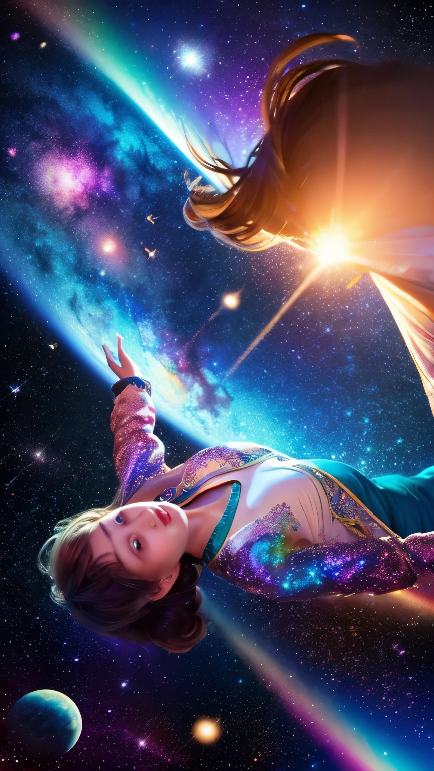 high detail, Super detailed, ultra high resolution, A girl enjoying time in the dream galaxy, surrounded by stars, The warm light that falls on her, The background is a starry sky with colorful galaxies and galactic clouds, stars are flying around her, delicate face, Add a playful atmosphere , --v6