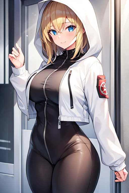 super fine illustration,simple background,hoodie, no bra,naked hoodie,large breasts,hair over one eye,