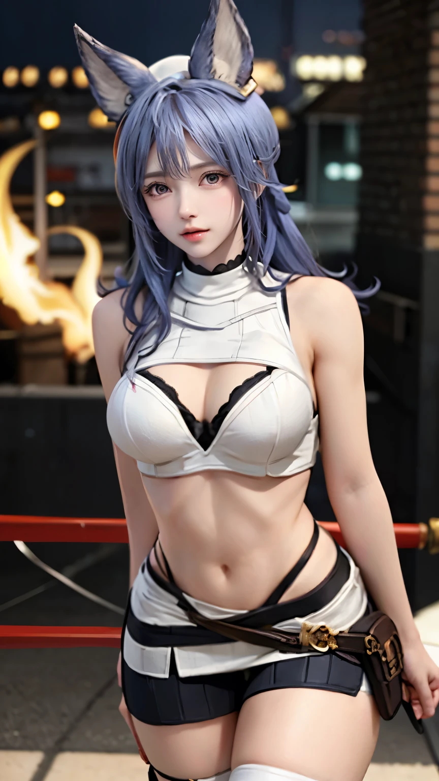 （very delicate and beautiful：1.2）super model,perfect shape,girl's,,Thighhighs,beautiful feet,beret,gentle expression,spoiled look,Innocent face,ミニskirt,big breasts,beautiful breasts,voluptuous,bike shorts,,givenchy,masterpiece, highest quality, High resolution, 8K, , skirt, uniform, short hair, messy hair, blush, sexy pose, big breasts, seductive pose, sweating,, sweating, cityscape, vivid details, super detail, realistic skin texture, Surface details, Beautiful eyes in every detail, medium full shot, Girl holding a sword,flame background,