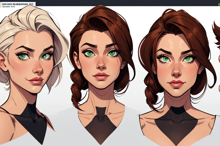 Turnaround sheet Imagem de desenho animado de uma mulher .cartoon style illustration, estilo de arte dos desenhos animados, estilo de arte dos desenhos animados, digital illustration style, design de personagens altamente detalhado, arte digital detalhada fofa, City fan art, Design de personagens de retrato, beautiful digital illustration, retrato de alta qualidade, Arte em quadrinhos, mulher jovem. Green eyes Medium busty and wonderful vandinha Adams