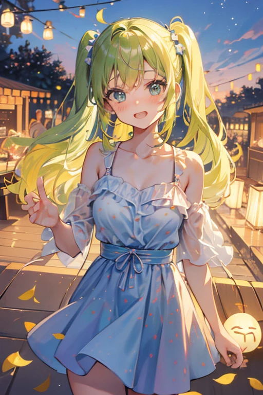 (rainbow colored hair, colorful hair, 半分はgreen、half yellow hair: 1.2), ,long hair、(Cinematic digital artwork: 1.3), high quality, table top, Turquoise eyes、最high qualityの, Super detailed, figure, [4K digital art]!!、 Kyoto animation style, one woman, clavicleの美しさ, clavicle, light, want, , positive, Dead leaves dance、（Ocean、sandy beach）、full moon、On a tree-lined street、taking a walk、((green、trendy clothes))、（（Scarlet、Street trousers、Polka dot unset, motivation, shine, dynamic perspective、Blue glasses、green色リボン、twin tails、embarrassed face、cute face、happy face