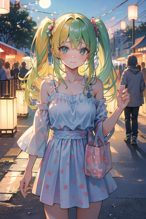 (rainbow colored hair, colorful hair, 半分はgreen、half yellow hair: 1.2), ,long hair、(Cinematic digital artwork: 1.3), high quality, table top, Turquoise eyes、最high qualityの, Super detailed, figure, [4K digital art]!!、 Kyoto animation style, one woman, clavicleの美しさ, clavicle, light, want, , positive, Dead leaves dance、（Ocean、sandy beach）、full moon、On a tree-lined street、taking a walk、((green、trendy clothes))、（（Scarlet、Street trousers、Polka dot unset, motivation, shine, dynamic perspective、Blue glasses、green色リボン、twin tails、embarrassed face、cute face、happy face