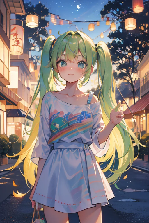 (rainbow colored hair, colorful hair, 半分はgreen、half yellow hair: 1.2), ,long hair、(Cinematic digital artwork: 1.3), high quality, table top, Turquoise eyes、最high qualityの, Super detailed, figure, [4K digital art]!!、 Kyoto animation style, one woman, clavicleの美しさ, clavicle, light, want, , positive, Dead leaves dance、（Ocean、sandy beach）、full moon、On a tree-lined street、taking a walk、((green、trendy clothes))、（（Scarlet、Street trousers、Polka dot unset, motivation, shine, dynamic perspective、Blue glasses、green色リボン、twin tails、embarrassed face、cute face、happy face