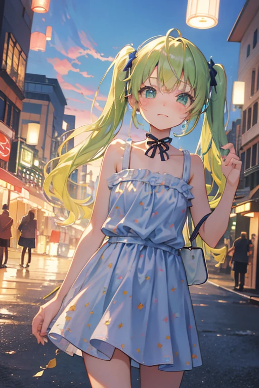 (rainbow colored hair, colorful hair, 半分はgreen、half yellow hair: 1.2), ,long hair、(Cinematic digital artwork: 1.3), high quality, table top, Turquoise eyes、最high qualityの, Super detailed, figure, [4K digital art]!!、 Kyoto animation style, one woman, clavicleの美しさ, clavicle, light, want, , positive, Dead leaves dance、（Ocean、sandy beach）、full moon、On a tree-lined street、taking a walk、((green、trendy clothes))、（（Scarlet、Street trousers、Polka dot unset, motivation, shine, dynamic perspective、Blue glasses、green色リボン、twin tails、embarrassed face、cute face、happy face