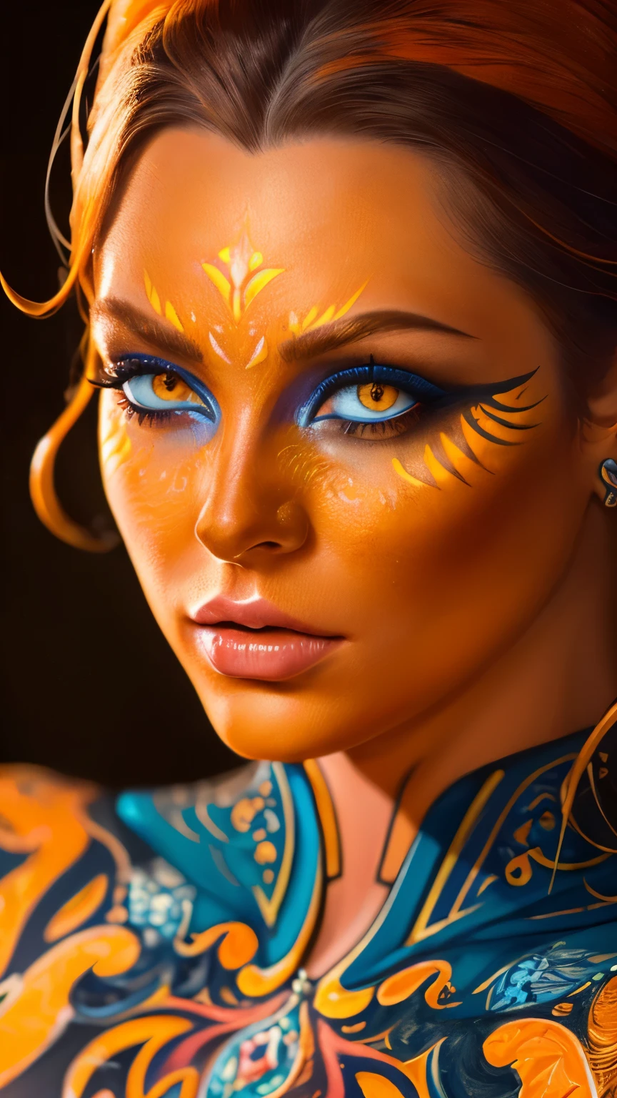 (((masterpiece))), (((highest quality: 1.4))), ((Super detailed: 1.4)) , Highly detailed gouache painting of a female tiefling, gorgeous exotic features, amber neon eyes:1.5,  orange hair, highly detailed facial features, expressive face, detailed texture, blue skin tone, tattoo, natural skin shader, Volumetric, There&#39;s a warm tone beneath her skin, ultra high resolution