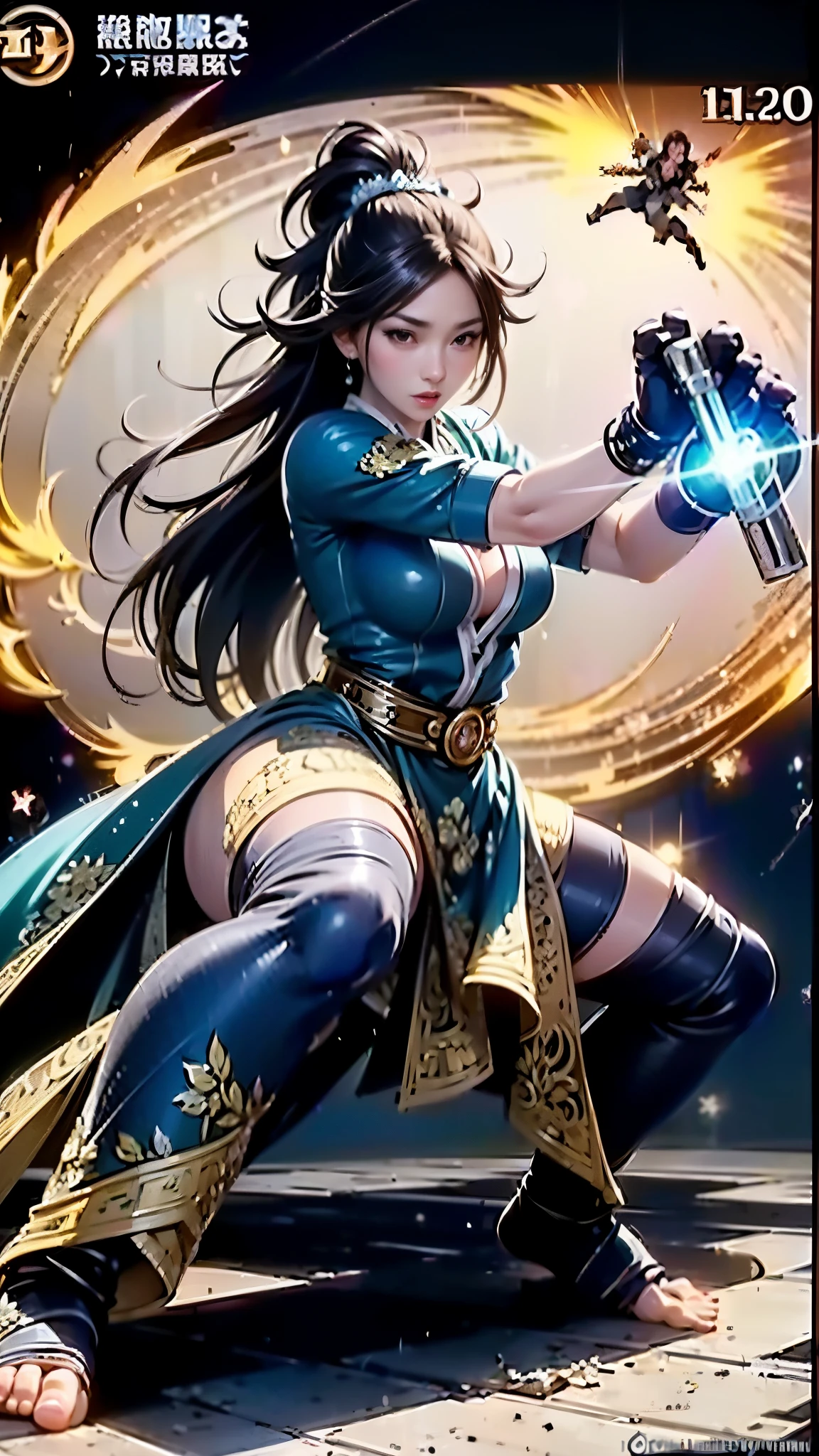 whole body，full body，(((dynamic poses，Combat Action，Impactful battle scenes，A dynamic and dynamic female charactenger details:1.5,foot details:1.5,