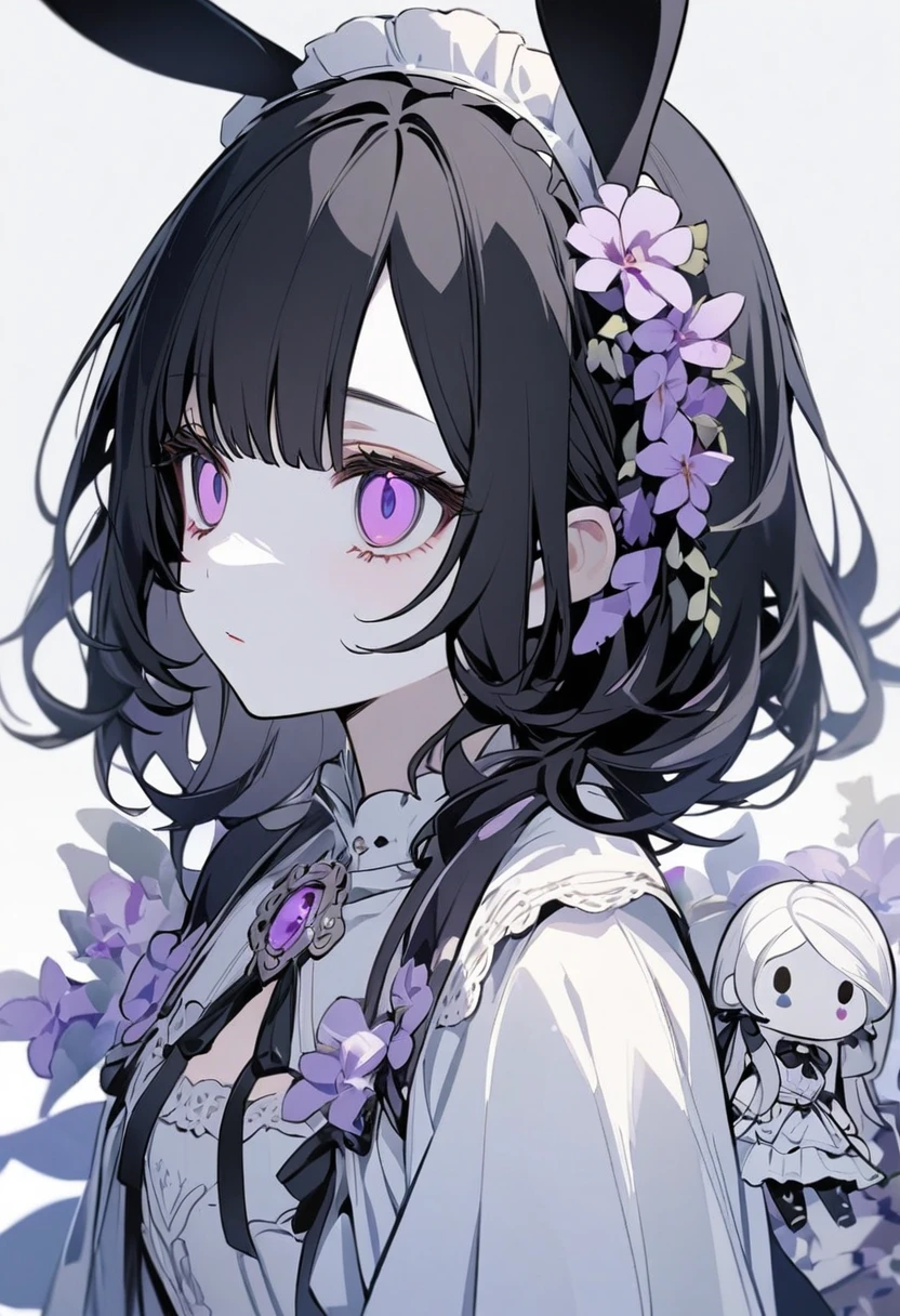 A girl with black hair above her shoulders and her ears are black rabbit ears, lilac eye color, white skin, no expression on her face alone , with a light blue and white dress in the style of a porcelain doll.