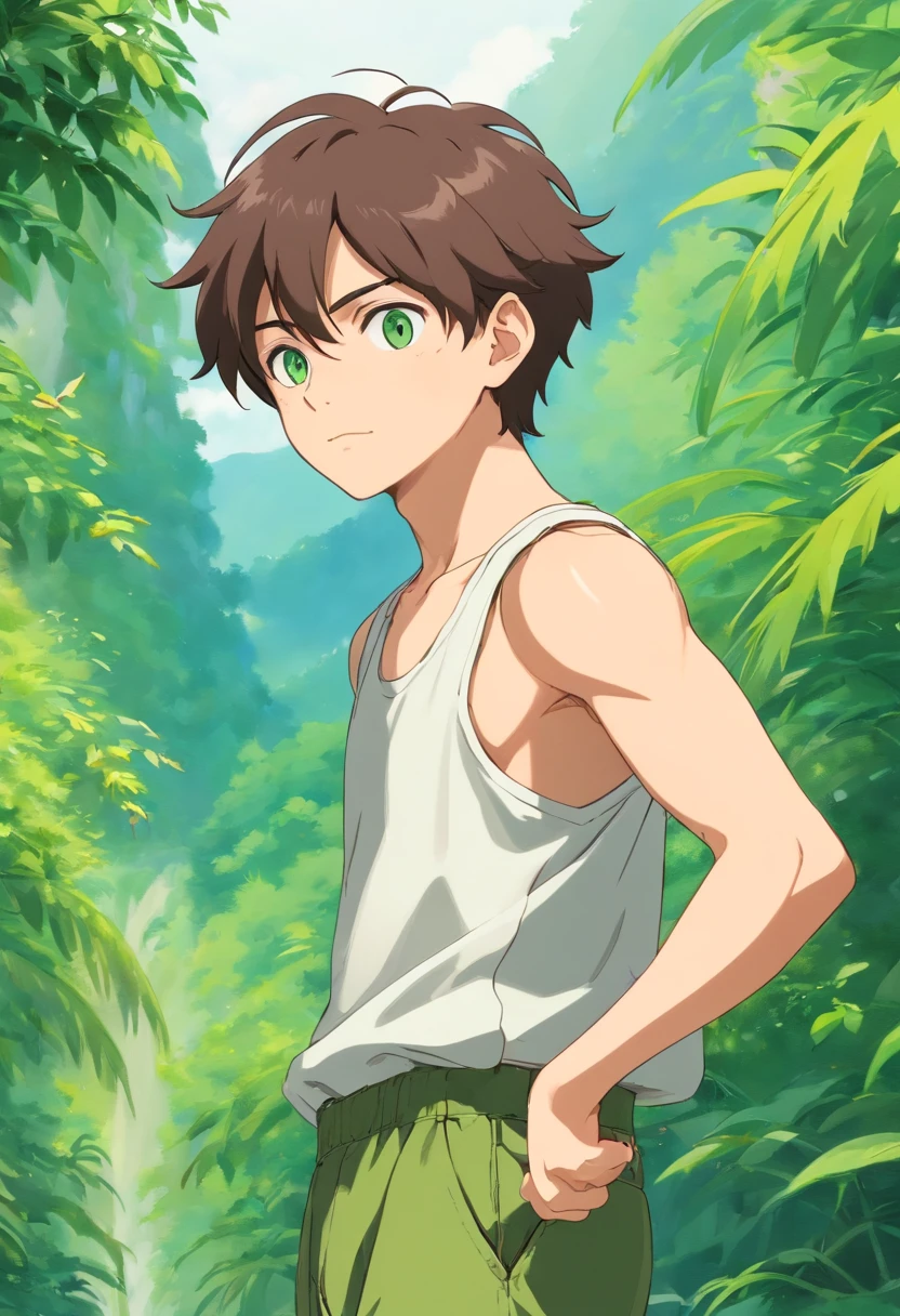 Highres, Masterpiece, Best quality at best,Best Quality, 1boy, bentennyson, green eyes, cargo pants, tank top, close-up the body, upper body, the day, summer, ass, shorts
