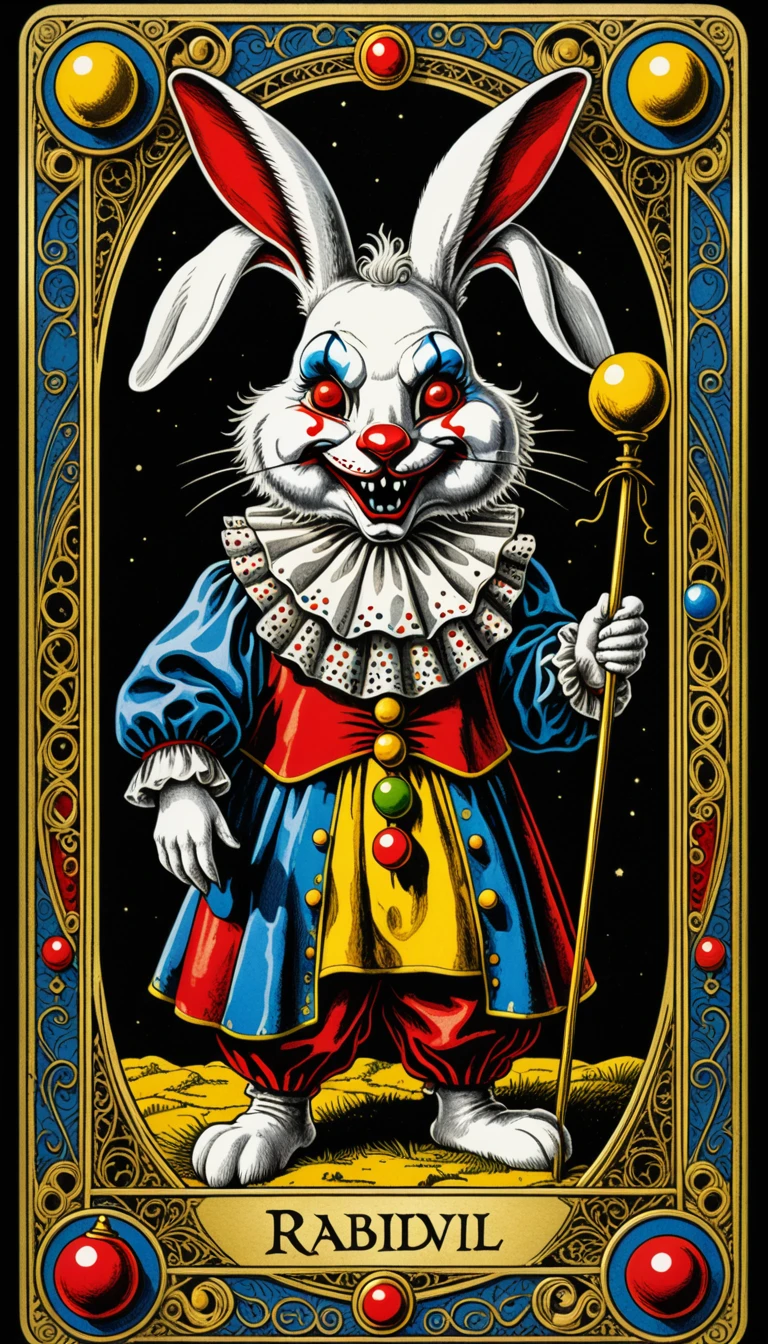 intricate detail of tarot card, text say "RABBIDEVIL",  depicted image of clown rabbit cute but horror, imagination of evil and good in one image, split personality, colorful but dim, split image card, ((tarot card design)), (masterpiece, ultra detailed, hdr, emboss, golden)