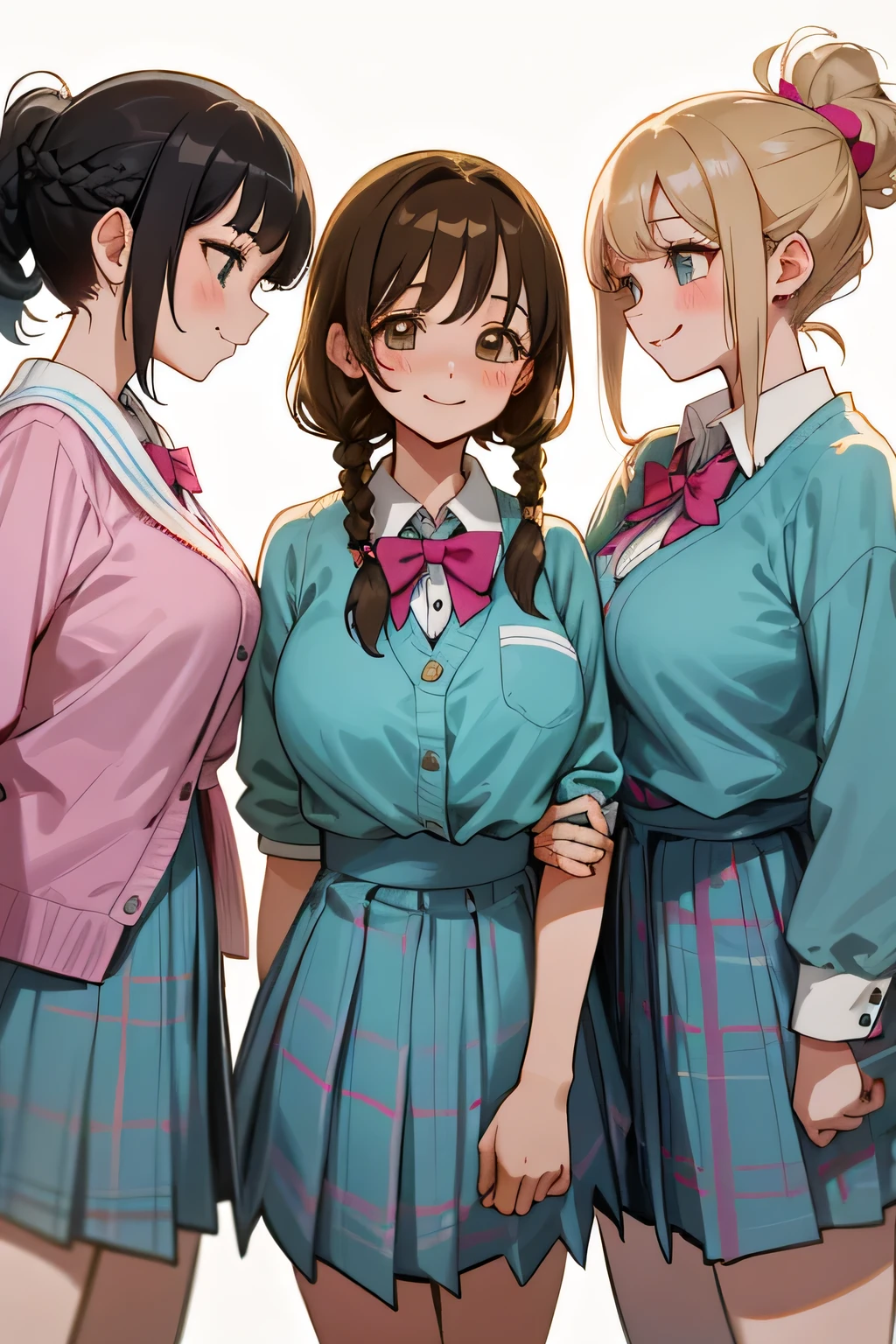 (highest quality:1.4)、ultra high resolution、detailed background、masterpiece、Photoreal、anatomically correct、detailed face、(Detailed beautiful face:1.3)、cute girl、brown hair or cute hair color、braided bob、braided ponytail、braided hairstyles、(huge breasts:1.3)、realistic、perfect body line、Charm、
cute colored sailor suit、School cardigan with cute pastel colors、plaid pleated mini skirt、white knee high socks、Absolute area、emphasize the chest、emphasize cleavage、cowboy shot、
(Three female friends look at each other with happy expressions:1.5)、
on the way to school、Wait for the train at the station platform、A big smile、sexual expression、playful atmosphere、Looks like a really fun atmosphere、cute gesture、cute discreet hair accessories、cute