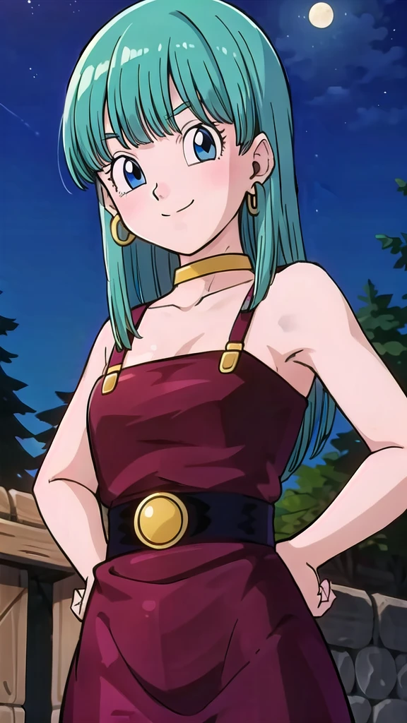 masterpiece, bulla, aqua hair, blue eyes, hoop earrings, smile, black sleeveless maxi dress, moonlight, night sky, street, forest, looking at viewer